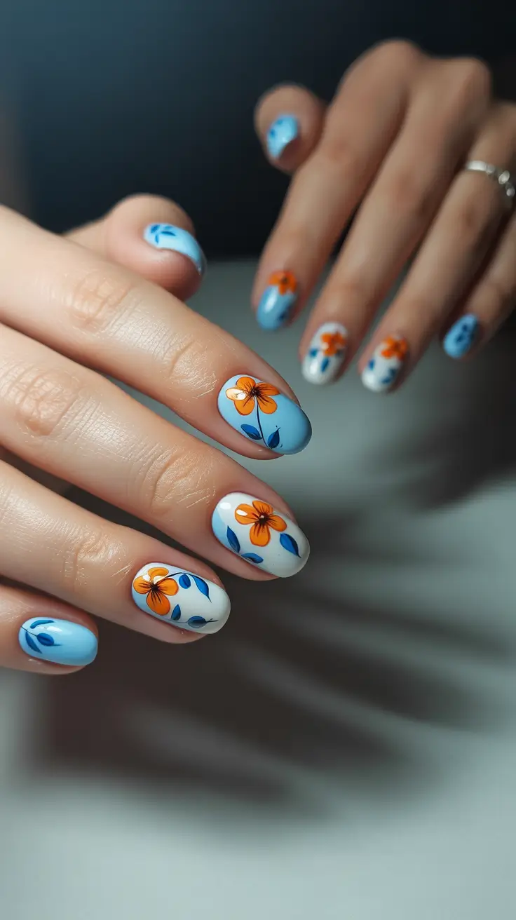 cute spring break nails 2026 Sky Blue Florals with Orange Pop
