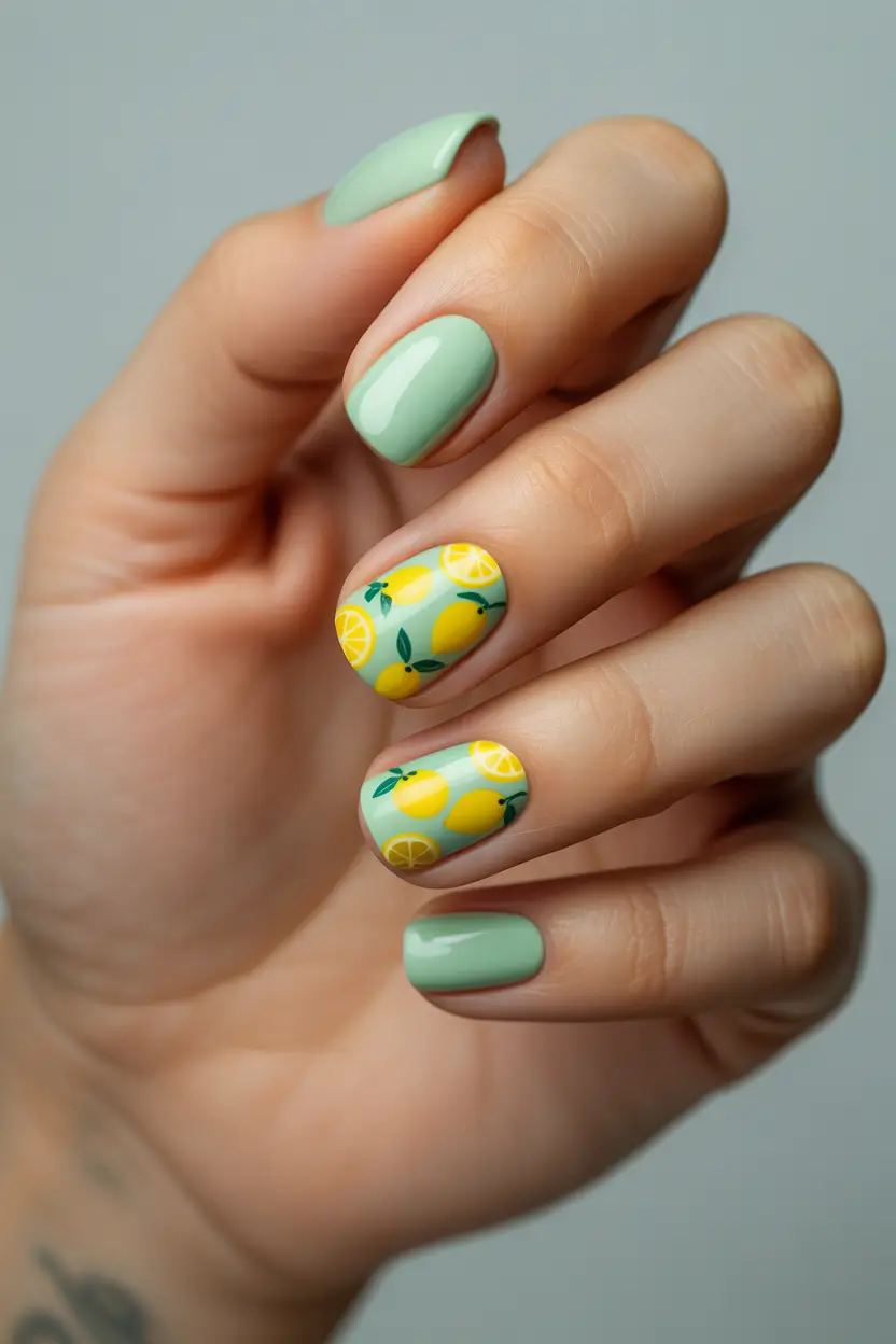 cute spring break nails 2026 Mint Short Nails with Lemon Pattern