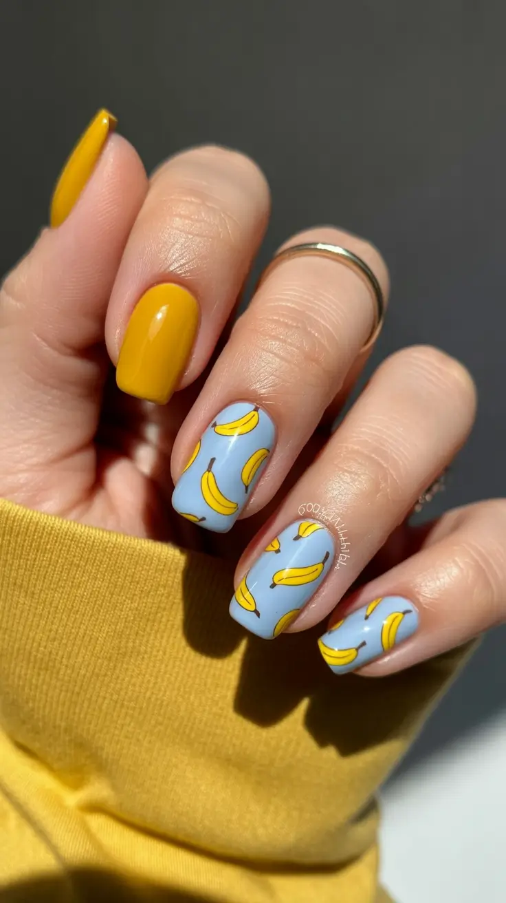 cute spring break nails 2026 Blue Banana Print with Sunny Yellow Accent
