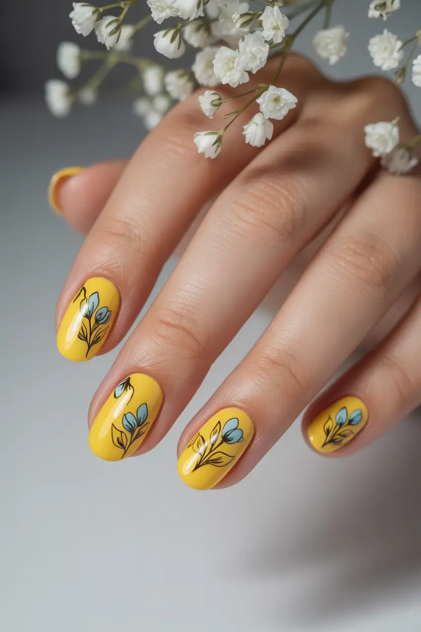 cute spring break nails 2026 Yellow Florals with Soft Botanical Lines