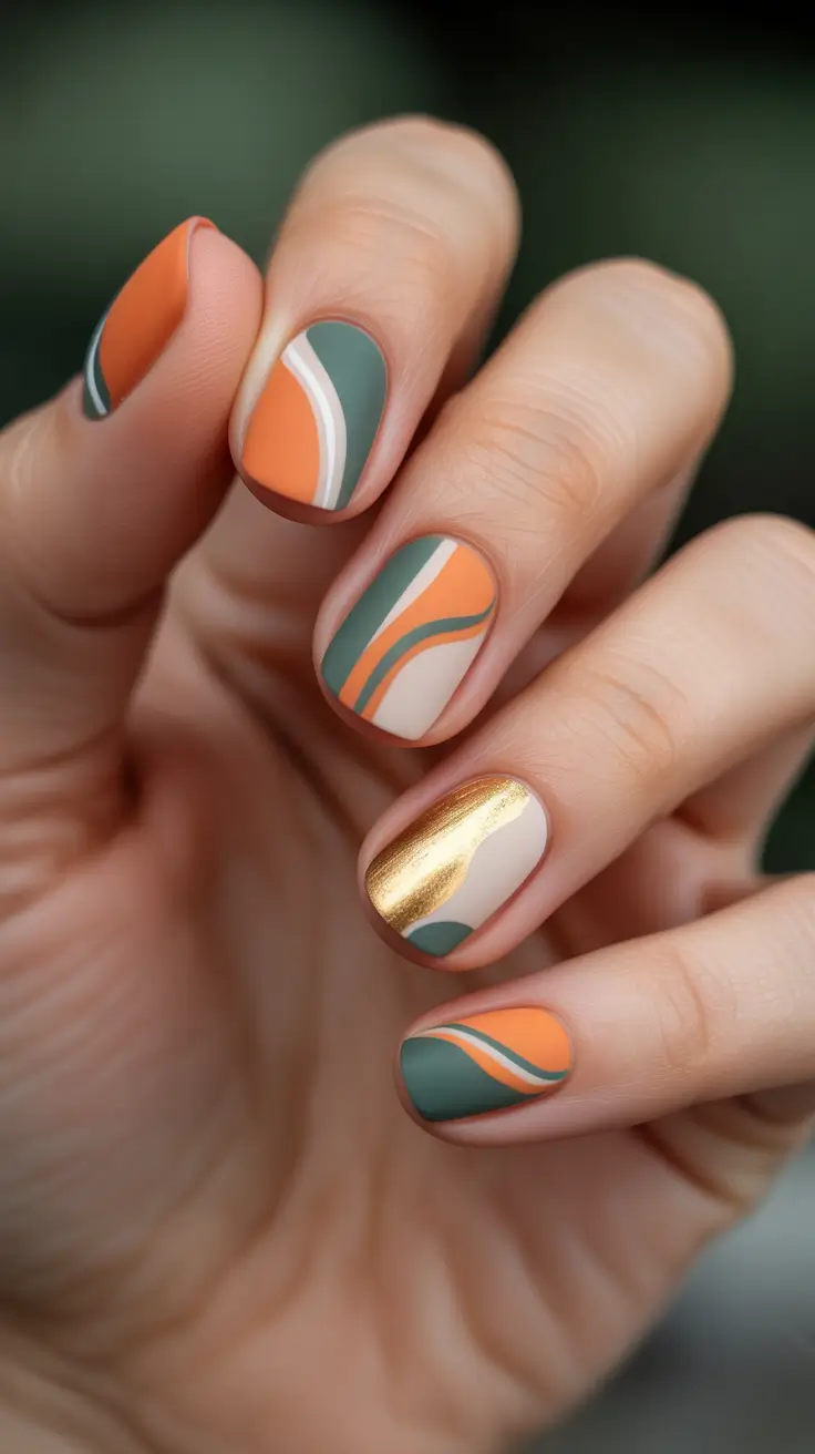 cute spring break nails 2026 Retro Waves in Peach Green and Gold