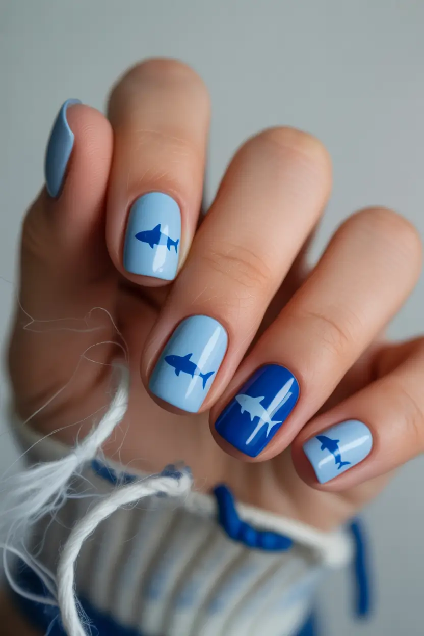 cute spring break nails 2026 Ocean Blue Sharks on Short Nails