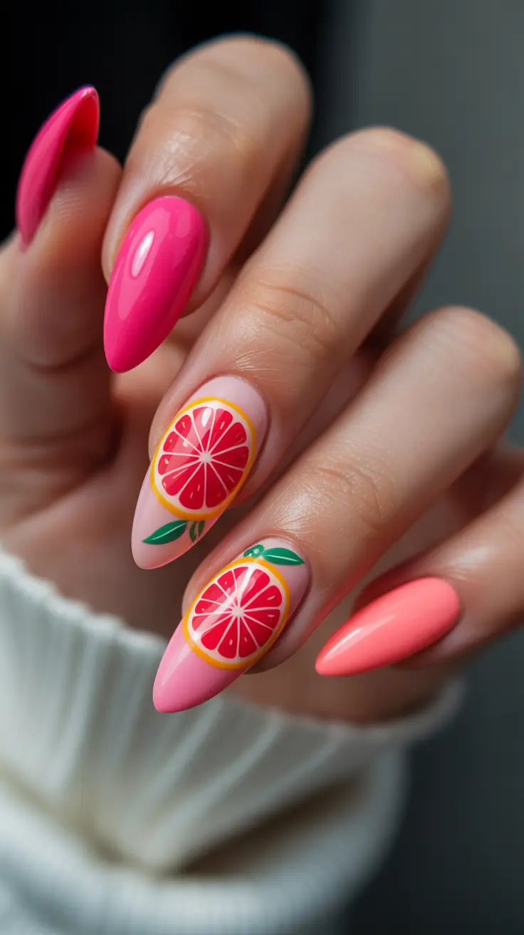cute spring break nails 2026 Pink Grapefruit Art with Glossy Finish