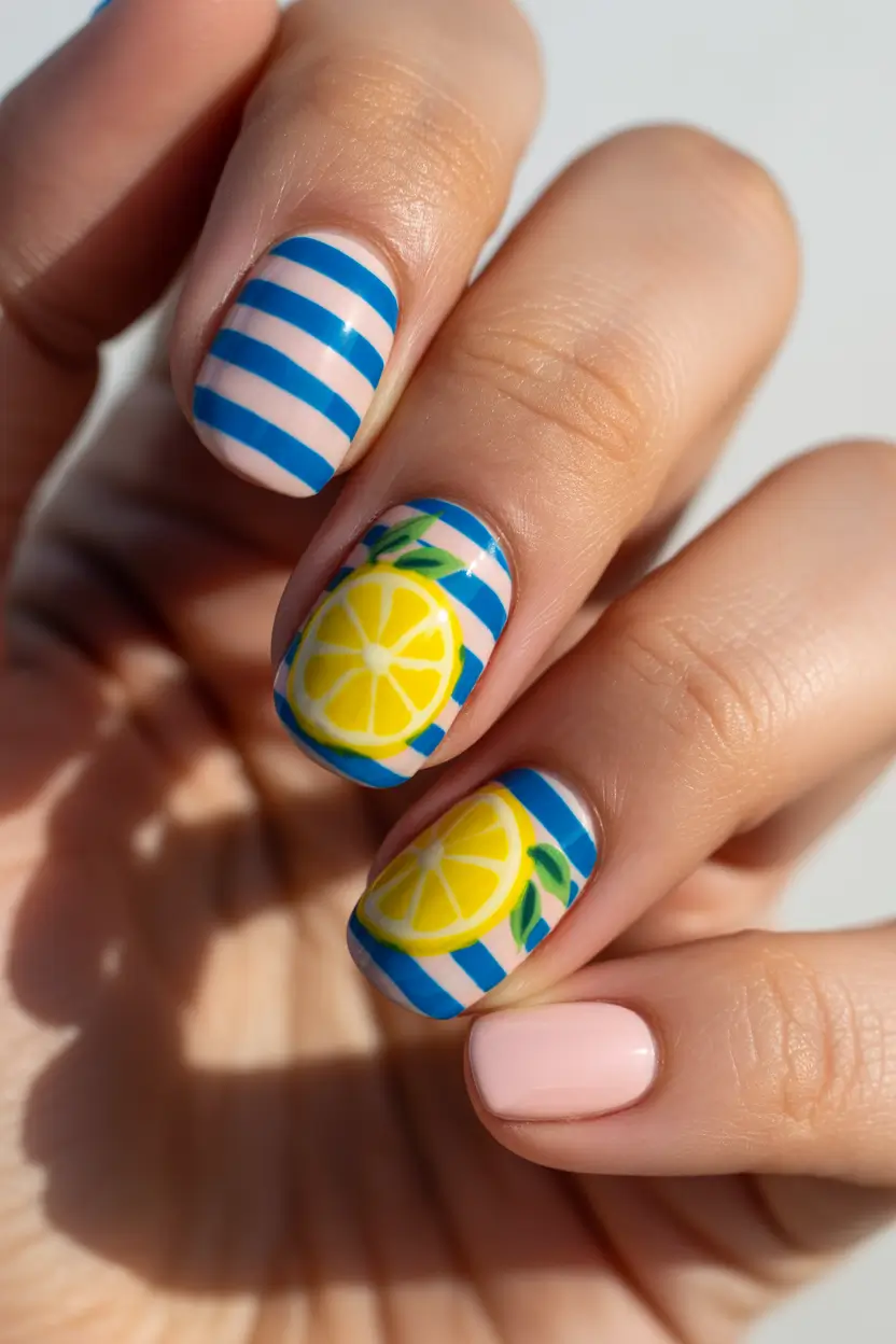 cute spring break nails 2026 Blue Stripes and Lemon Zest