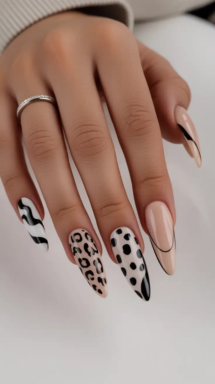 cute spring break nails 2026 Black White Graphic Nails