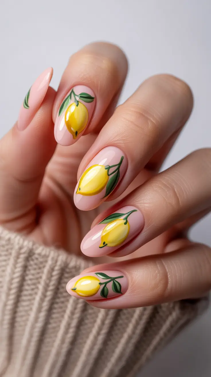 cute spring break nails 2026 Soft Pink Almond with Glossy Lemons