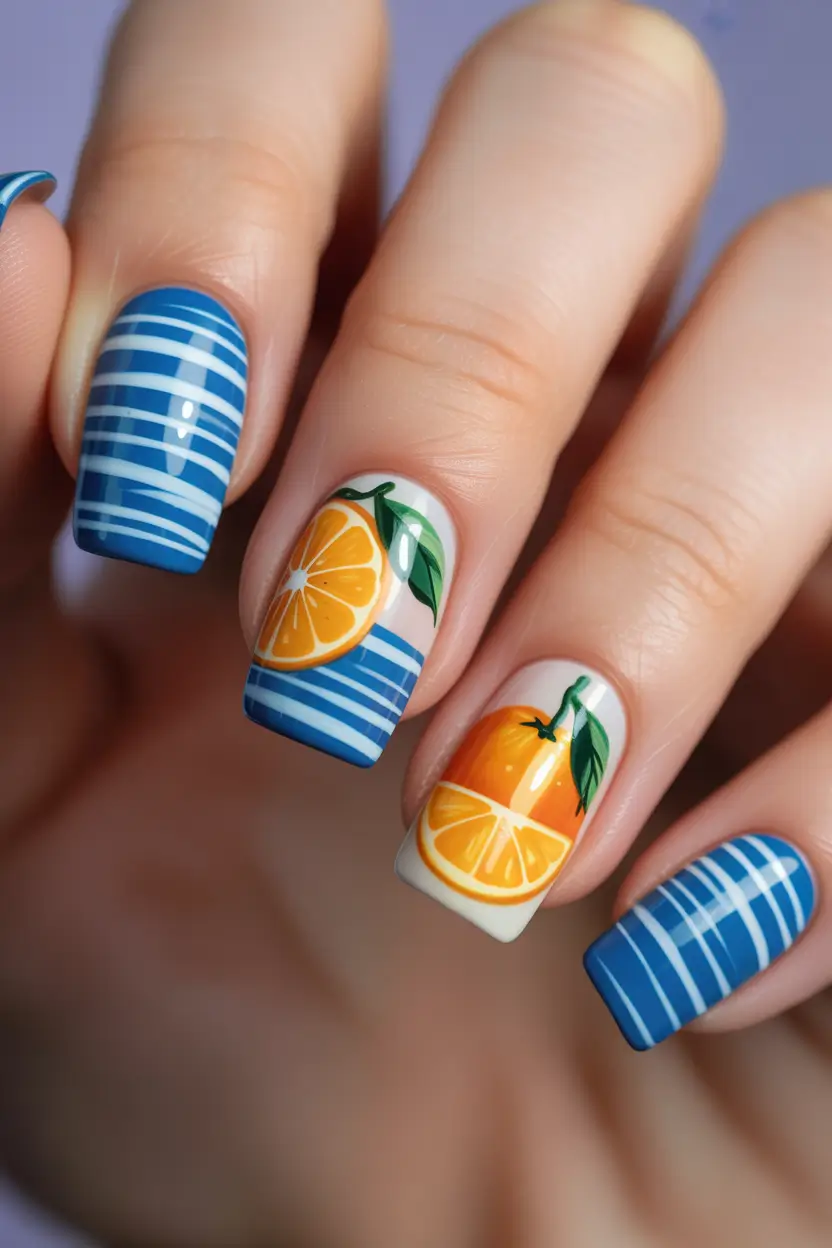 cute spring break nails 2026 Bold Orange Citrus on Blue Square