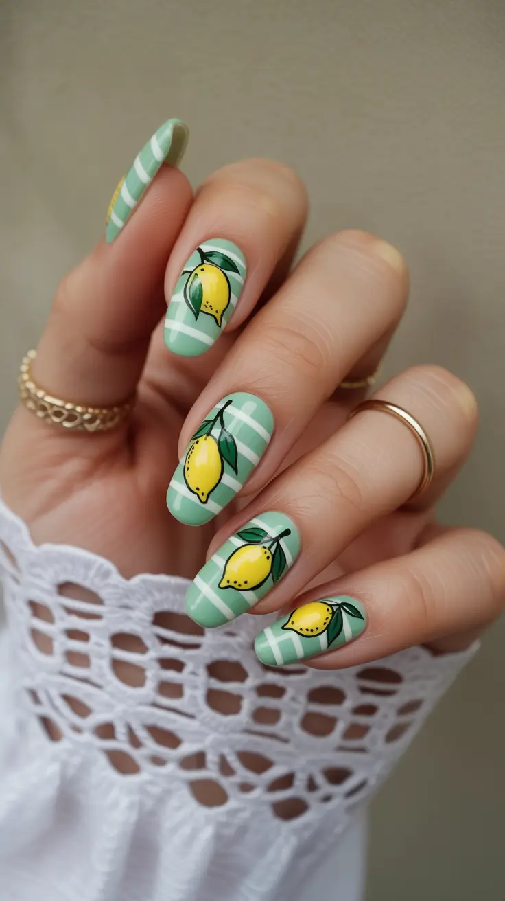 cute spring break nails 2026 Mint Green Plaid with Playful Lemons