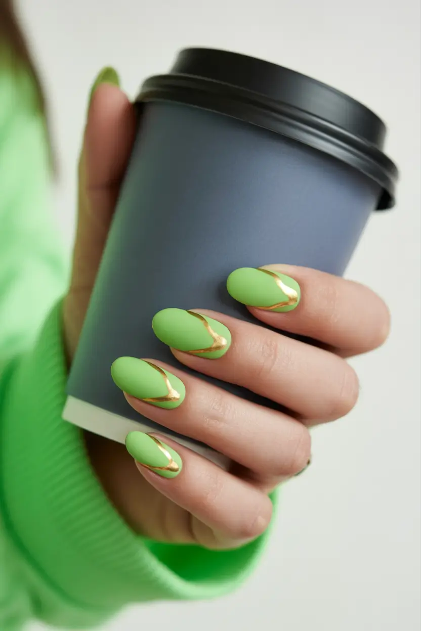 cute spring break nails 2026 Matte Green with Gold Waves