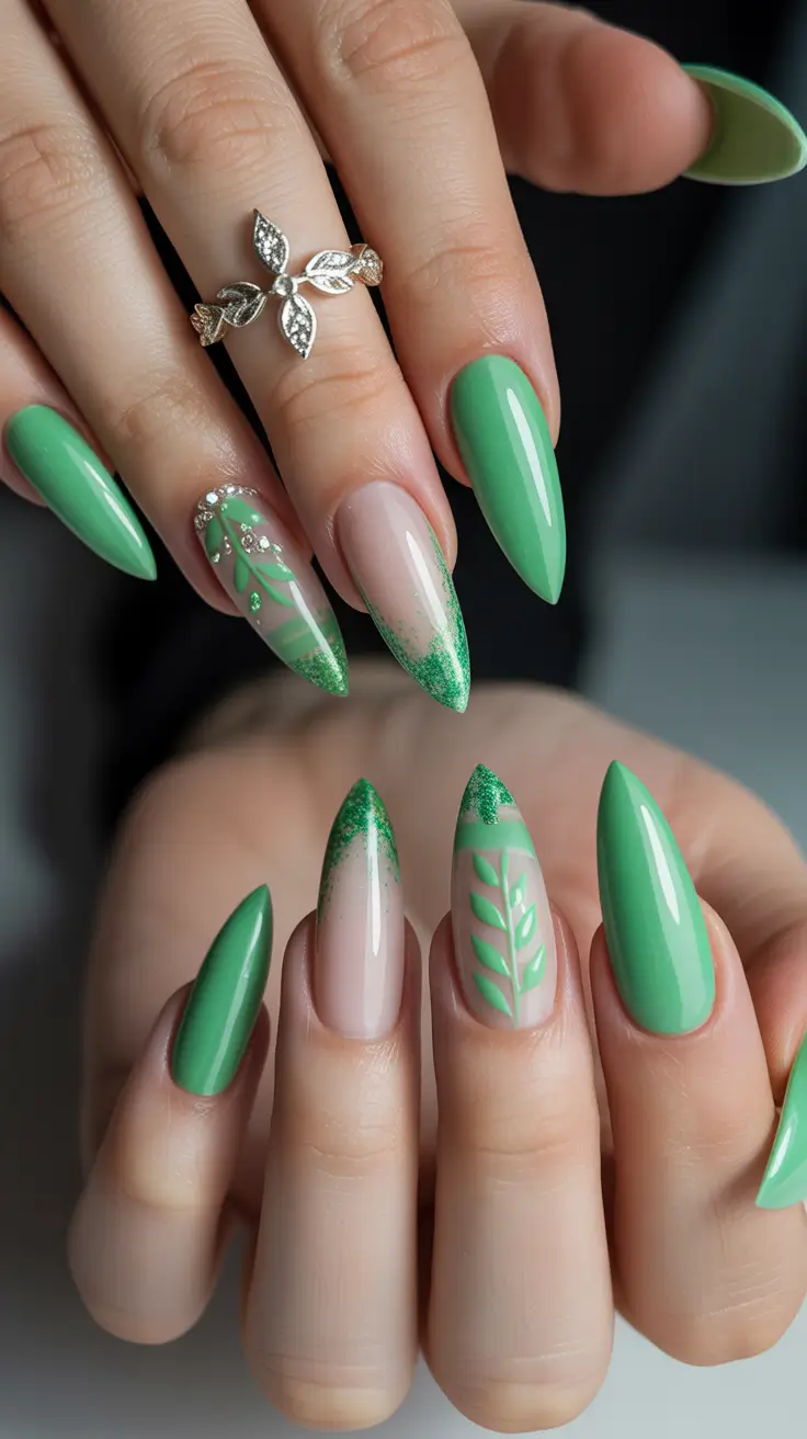 cute spring break nails 2026 Emerald Leaf Accent Stiletto Set