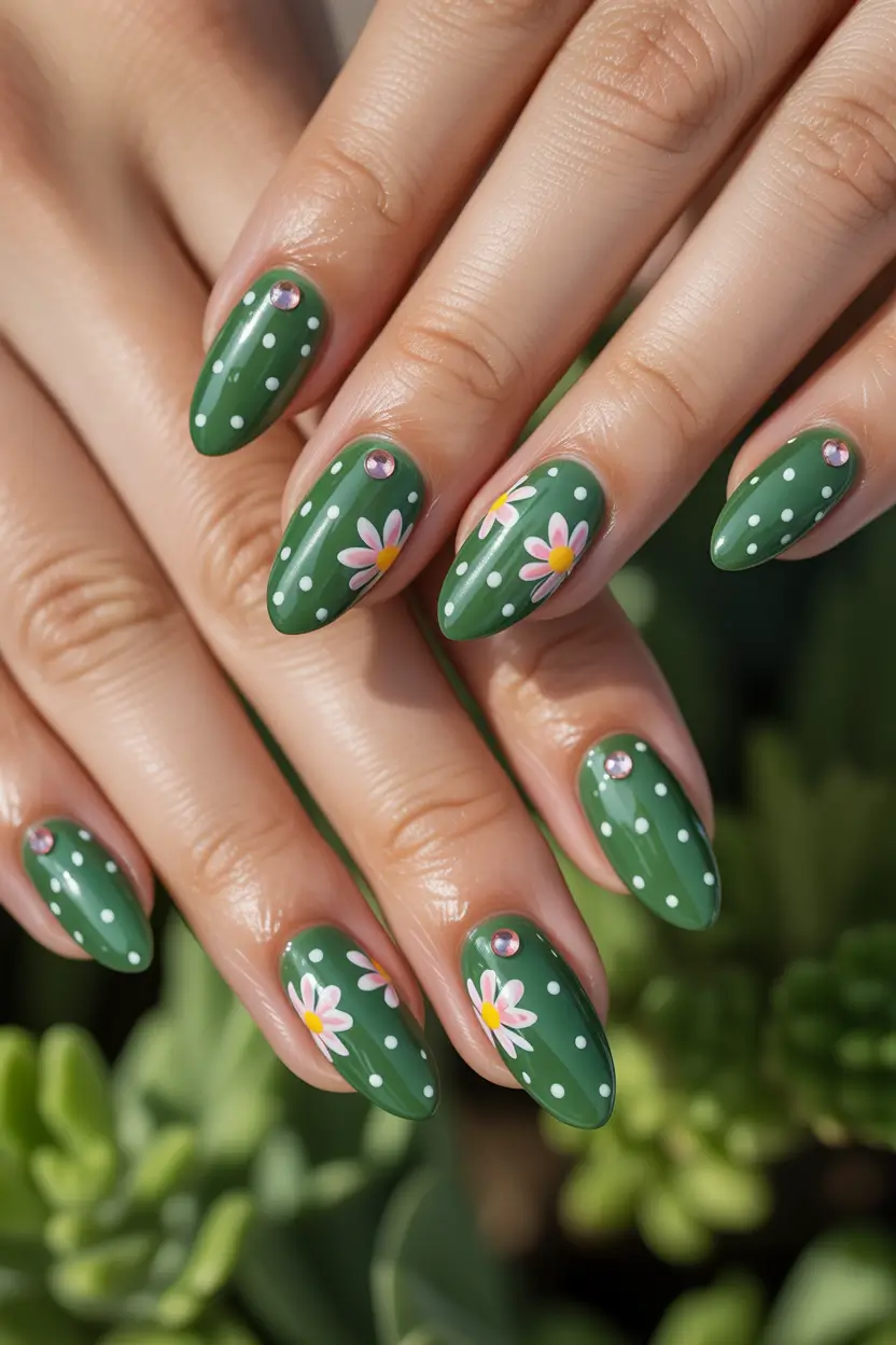 cute spring floral nails 2026 Playful Green Floral Nails with Polka Dot Details