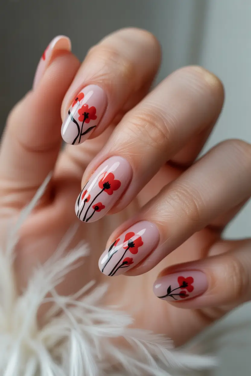 cute spring floral nails 2026 Delicate Red Floral Art with Soft Nude Base