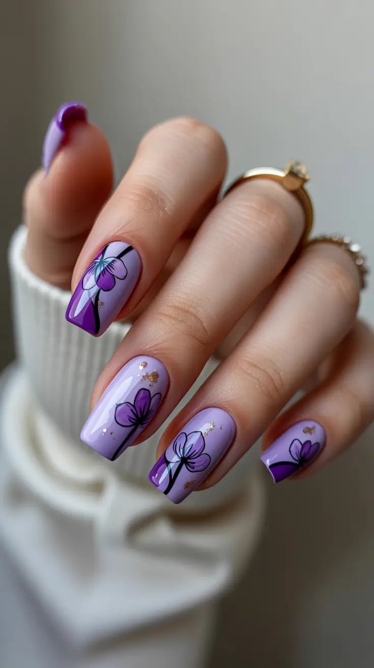 cute spring floral nails 2026 Purple Floral Square Nails with Artistic Contrast