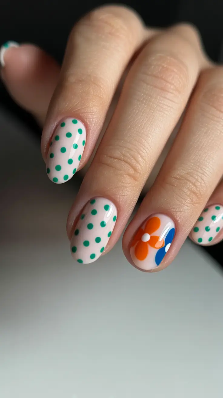 cute spring floral nails 2026 Playful Green Dots and Retro Bloom Energy