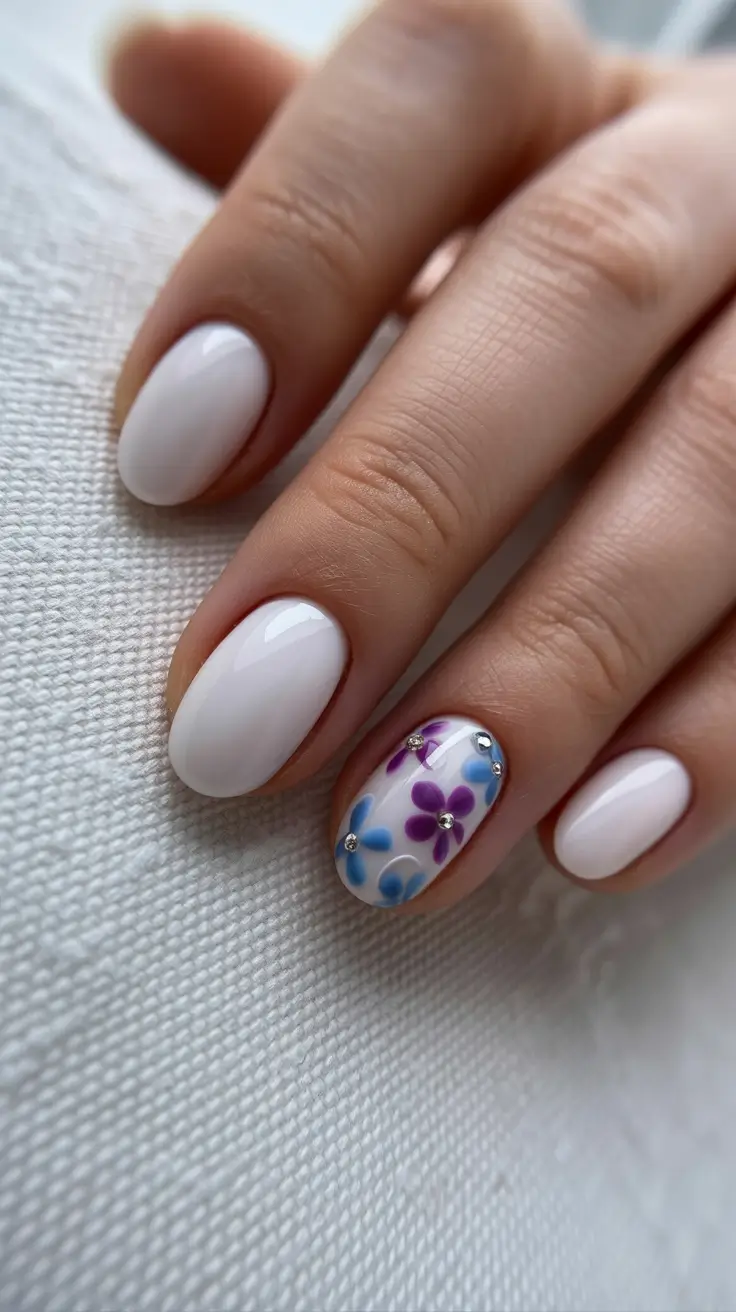 cute spring floral nails 2026 Clean White Nails with Delicate Purple Flower Accent