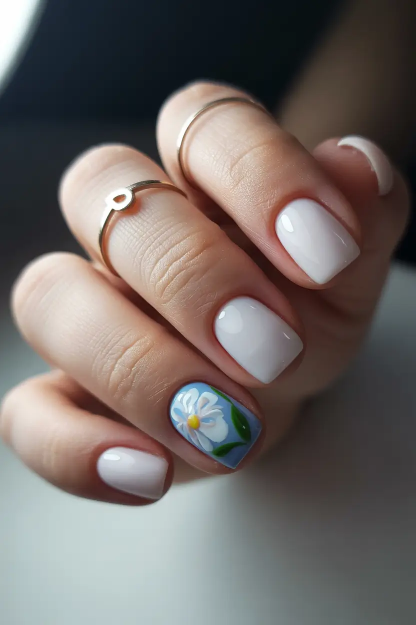 cute spring floral nails 2026 Blue Accent Floral on Milky Short Square Nails