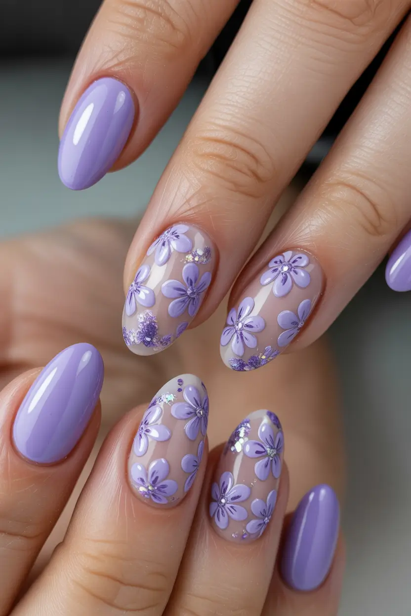cute spring floral nails 2026 Playful Purple Daisy Nails with Sheer Bases