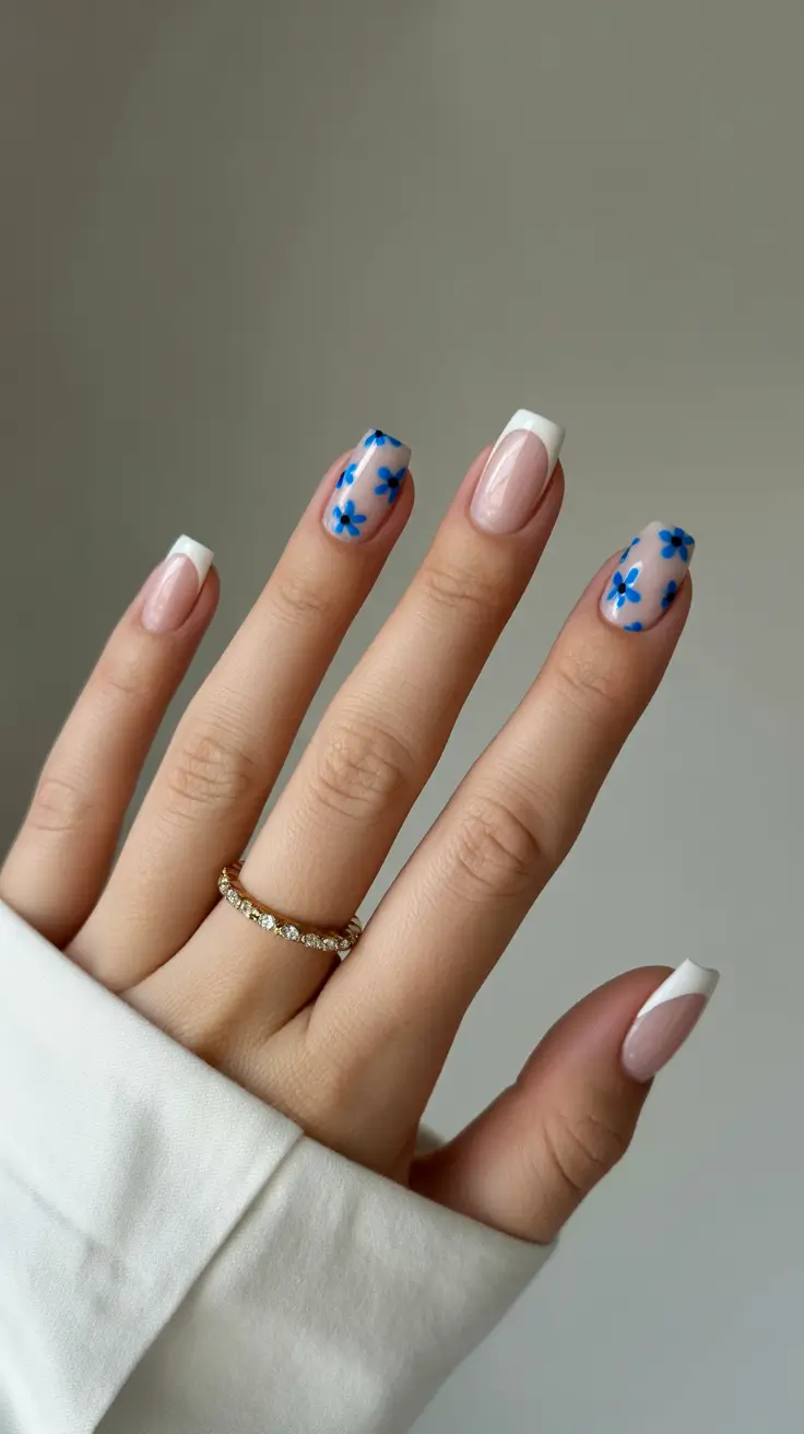 cute spring floral nails 2026 Blue Floral French Tips with Fresh Minimal Energy