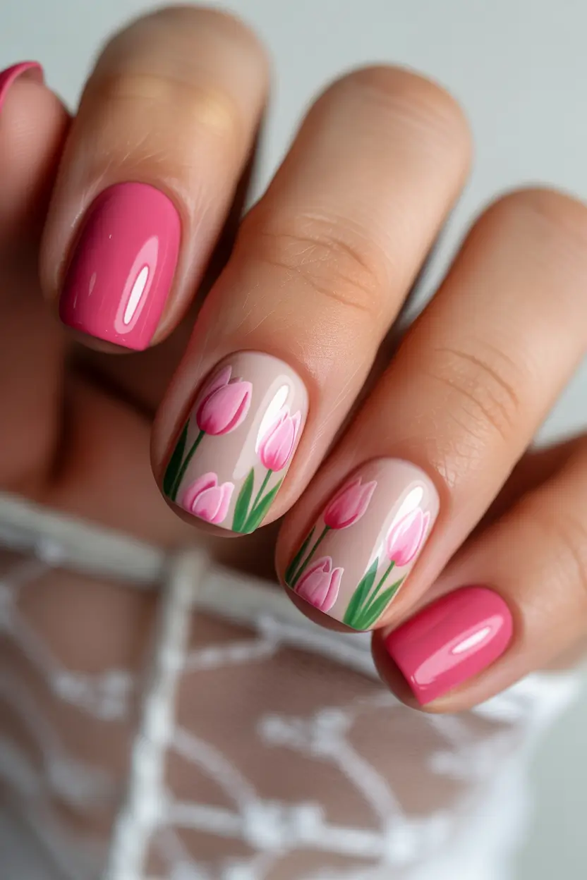 cute spring floral nails 2026 Pink Tulip Nails for a Fresh Spring Mood