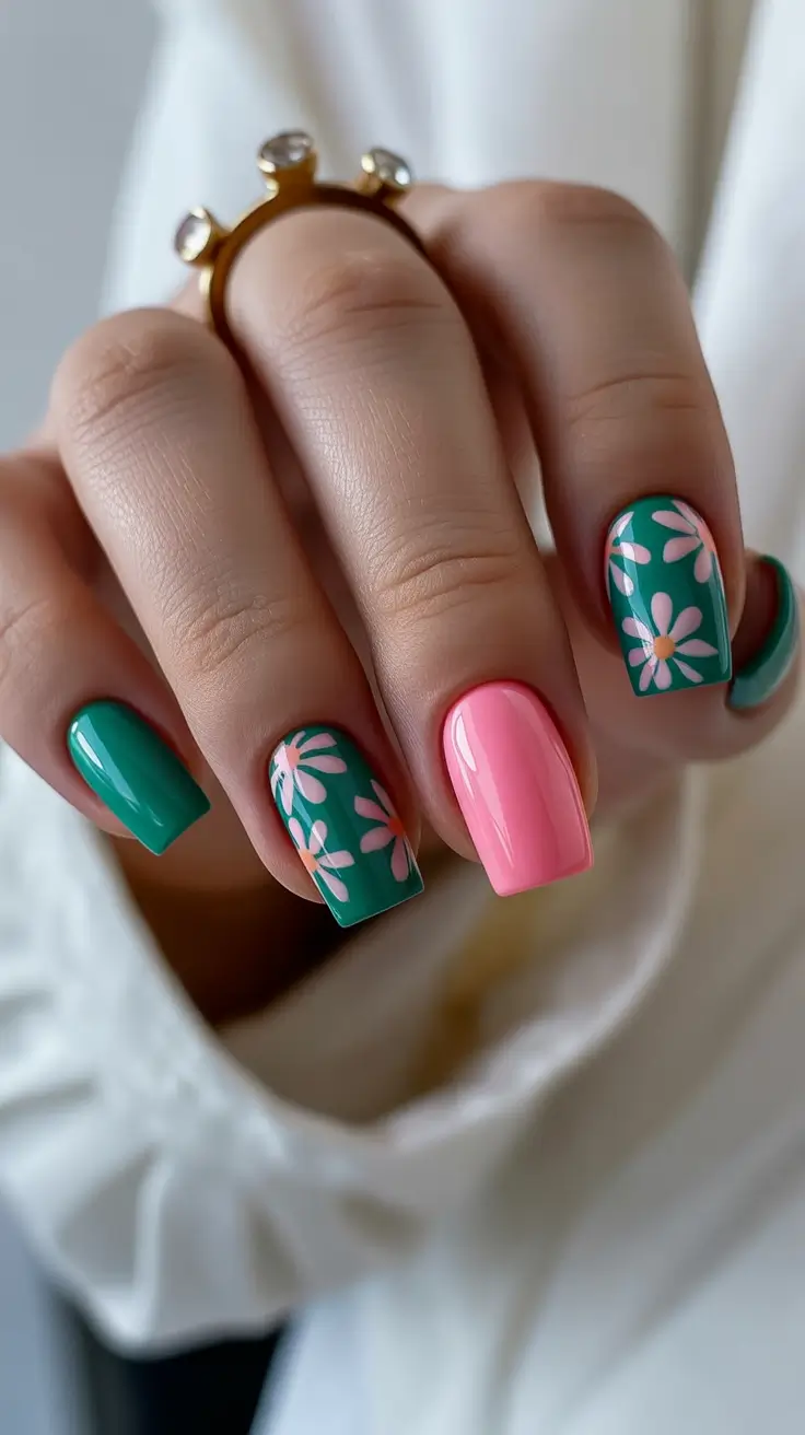 cute spring floral nails 2026 Green and Pink Floral Square Nails with Retro Energy