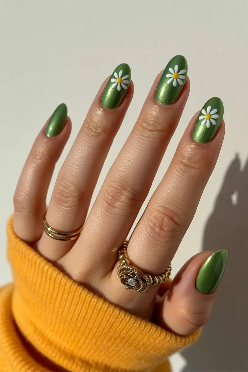cute spring floral nails 2026 Minimal Green Daisy Nails with Almond Shape