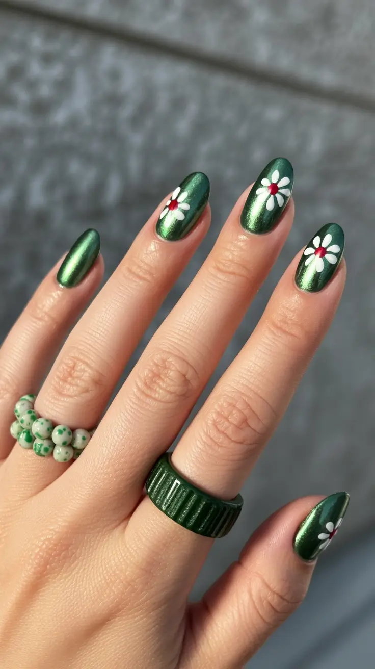cute spring floral nails 2026 Deep Green Floral Nails with Subtle Contrast