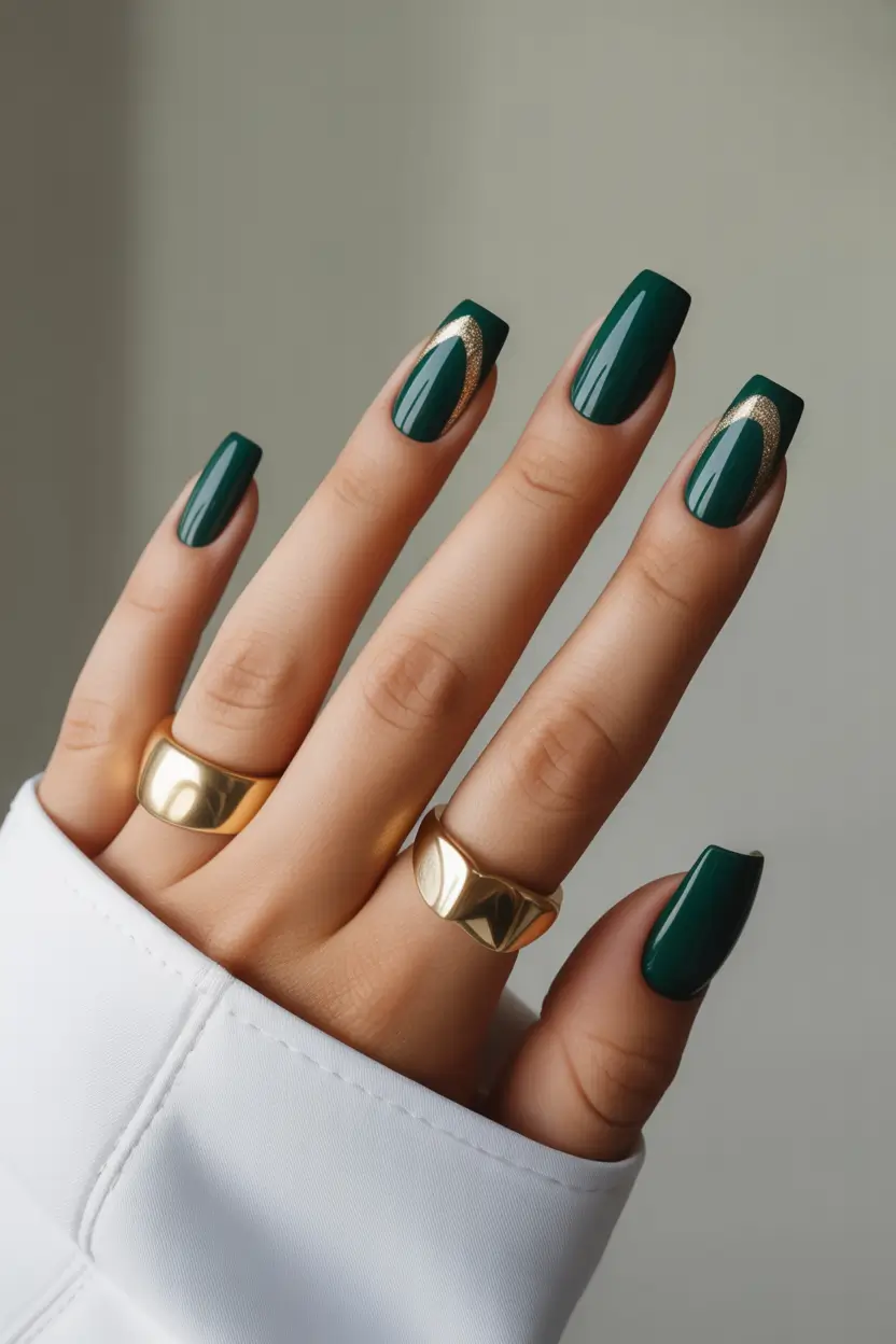 cute spring gel nails 2026 Emerald Green With Gold Accent