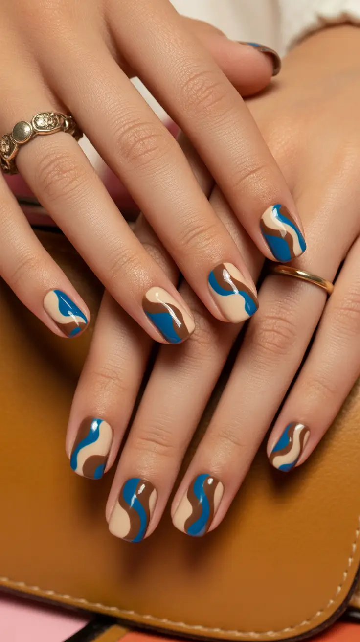 cute spring gel nails 2026 Retro Blue And Mocha Swirl Short Nails
