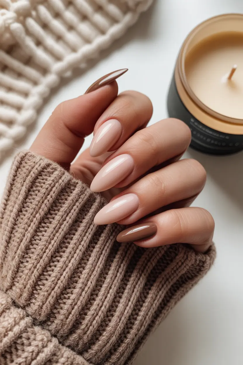 cute spring gel nails 2026 Soft Beige Almond With Chocolate Accent