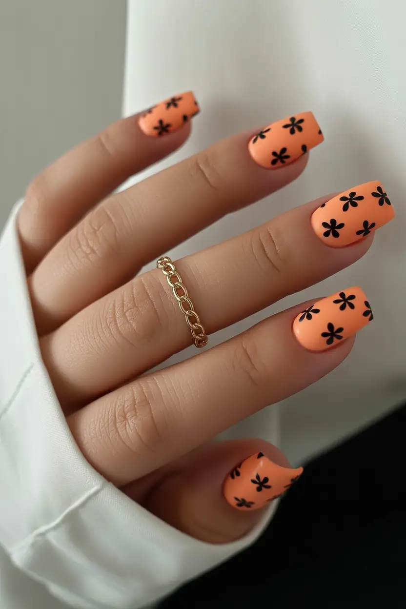 cute spring gel nails 2026 Peach Matte Flowers Square