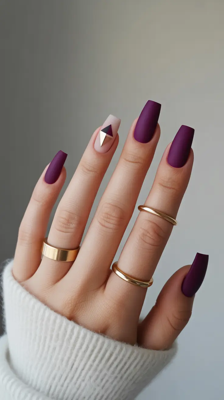 cute spring gel nails 2026 Matte Plum Coffin With Geometric Accent