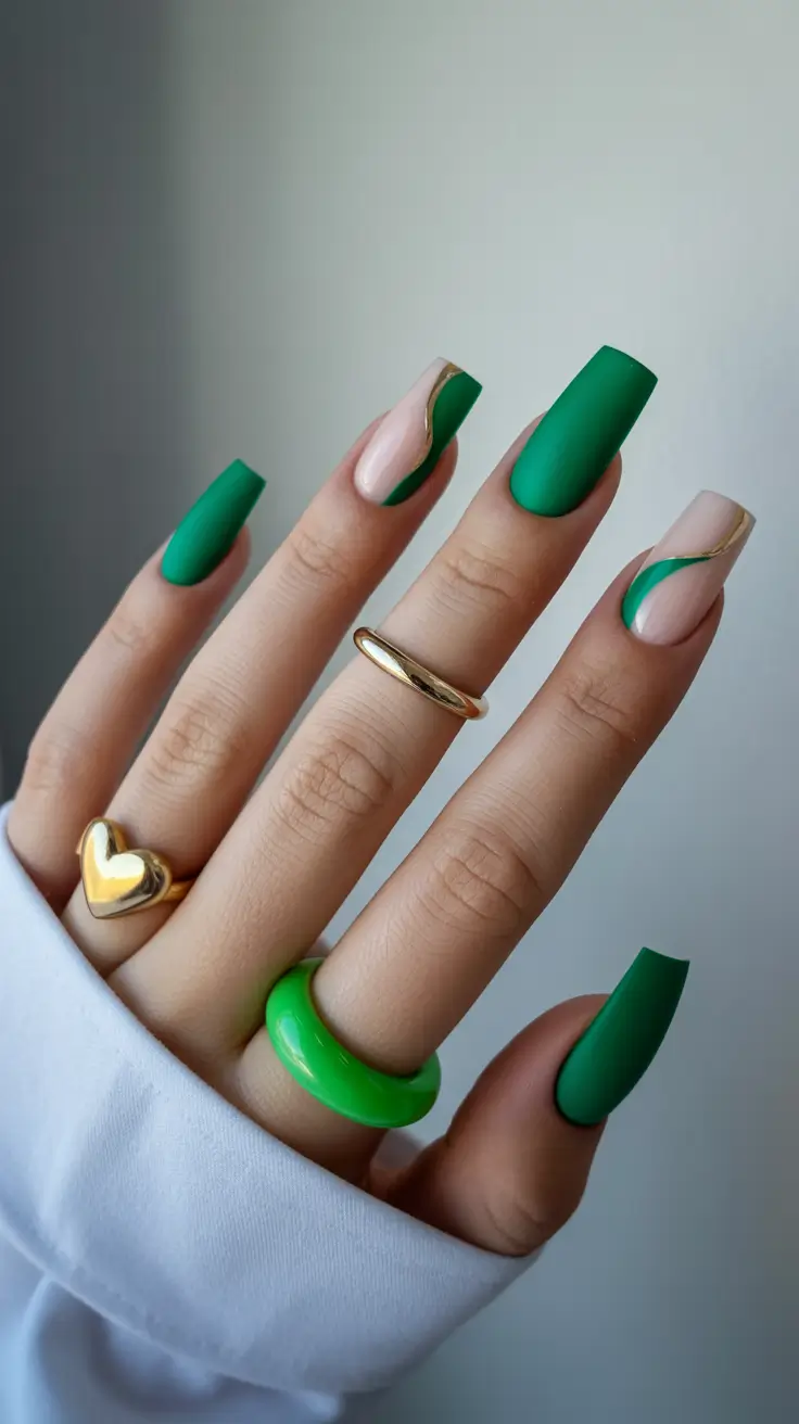 cute spring gel nails 2026 Fresh Green Wave With Gold Detail