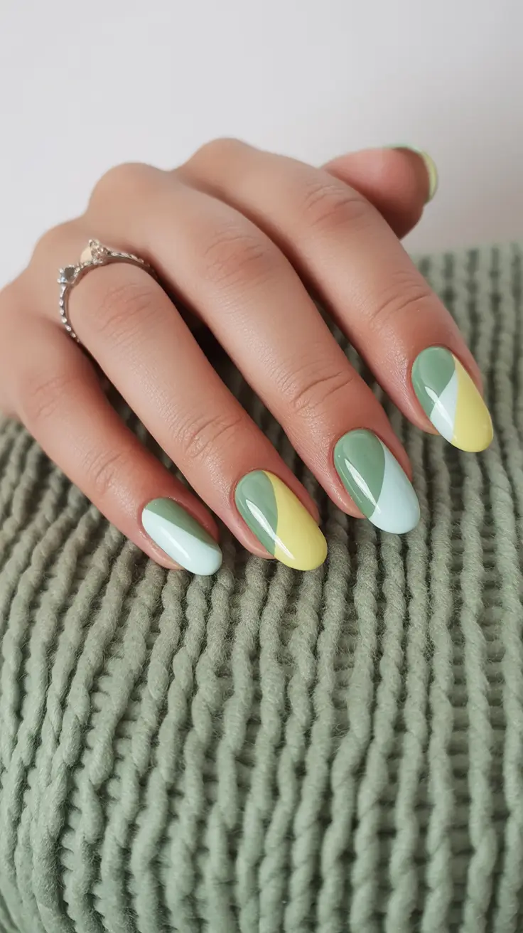cute spring gel nails 2026 Mint and Lemon Diagonal Color Block
