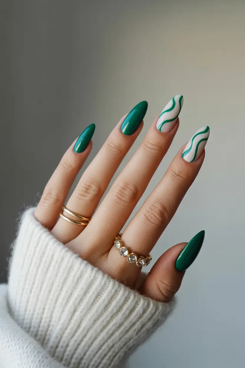 cute spring gel nails 2026 Deep Green Wave Art