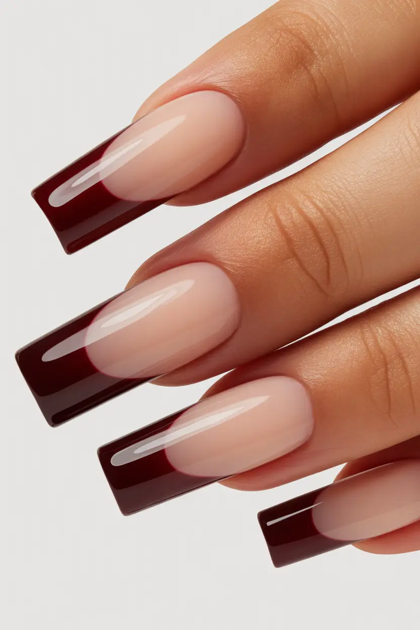 cute spring gel nails 2026 Burgundy Micro French Square