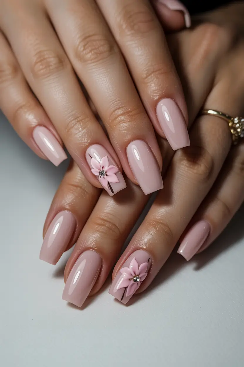 cute spring gel nails 2026 Blush Pink Square 3D Floral