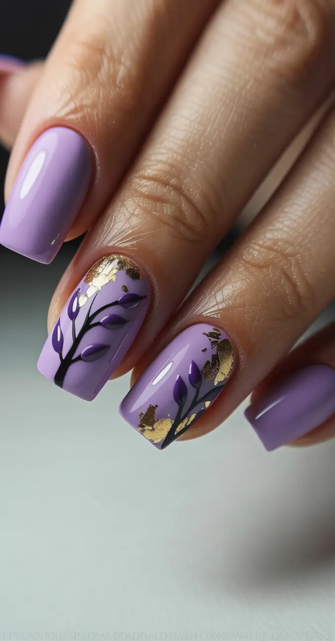 cute spring gel nails 2026 Lilac Gold Botanical Art