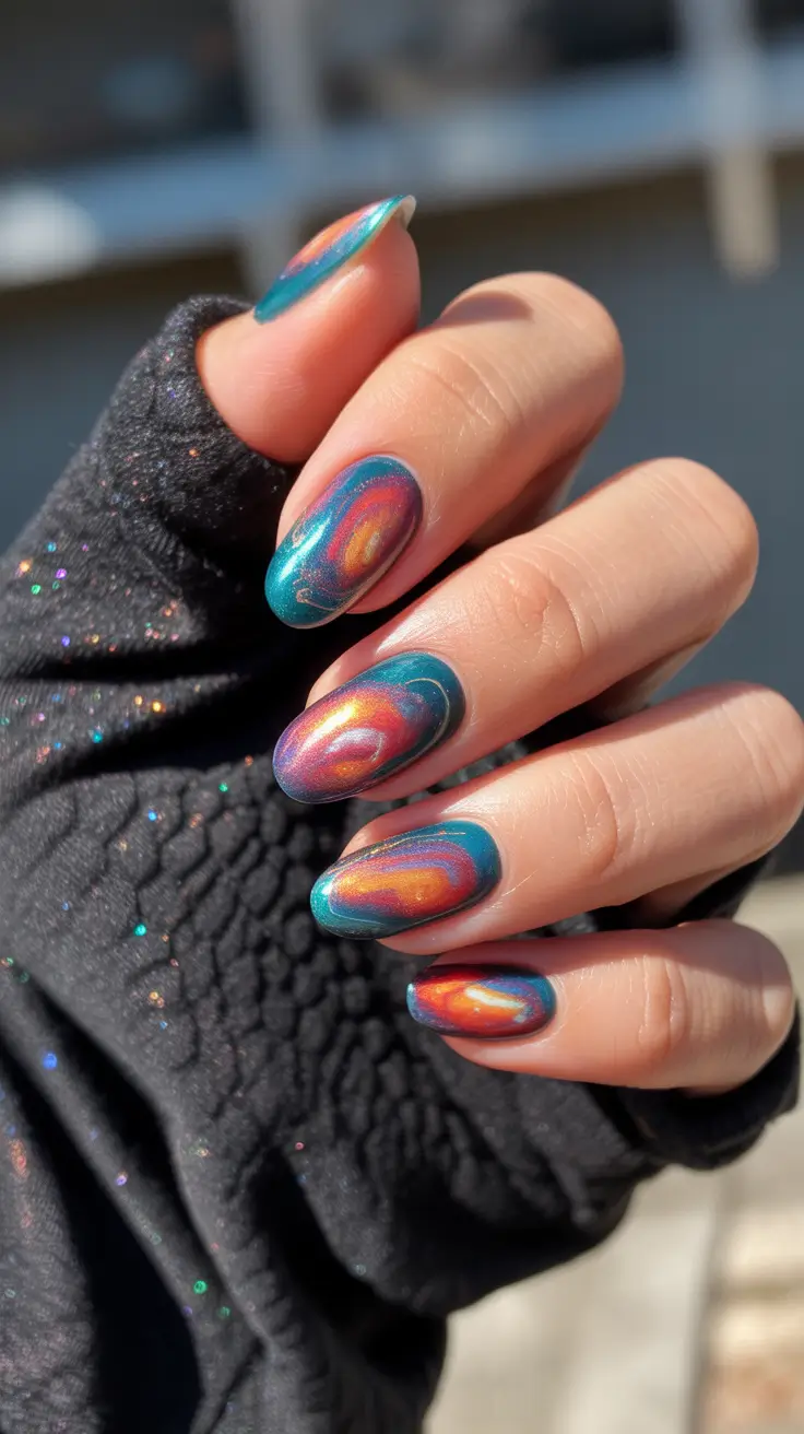 cute spring gel nails 2026 Cosmic Blue Chrome - Bold Spring Art Energy