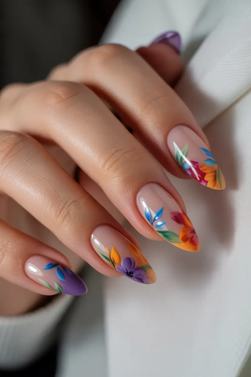 cute spring gel nails 2026 Spring Garden Almond With Floral Art