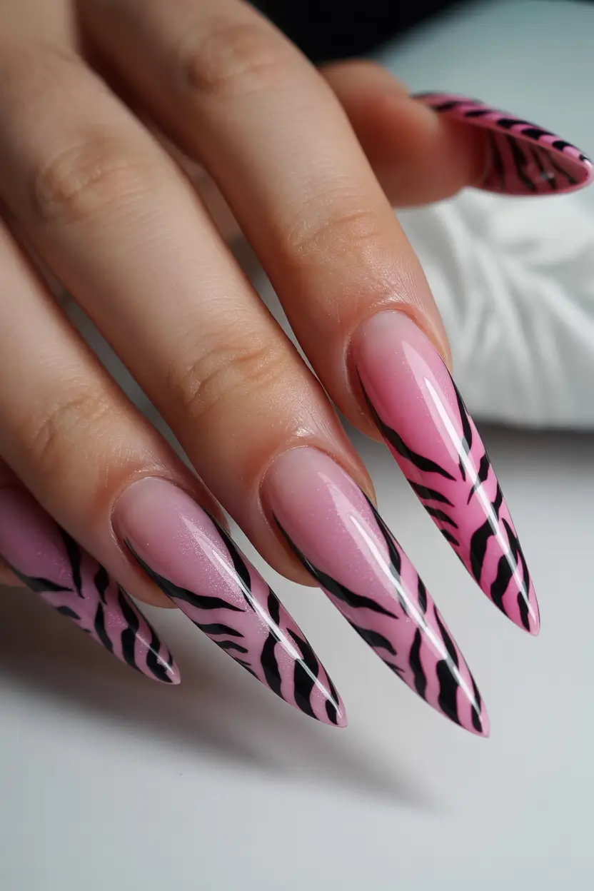 cute spring gel nails 2026 Pink Zebra Stiletto Energy