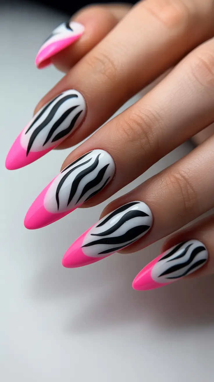 cute spring gel nails 2026 Pink And White Zebra Almond