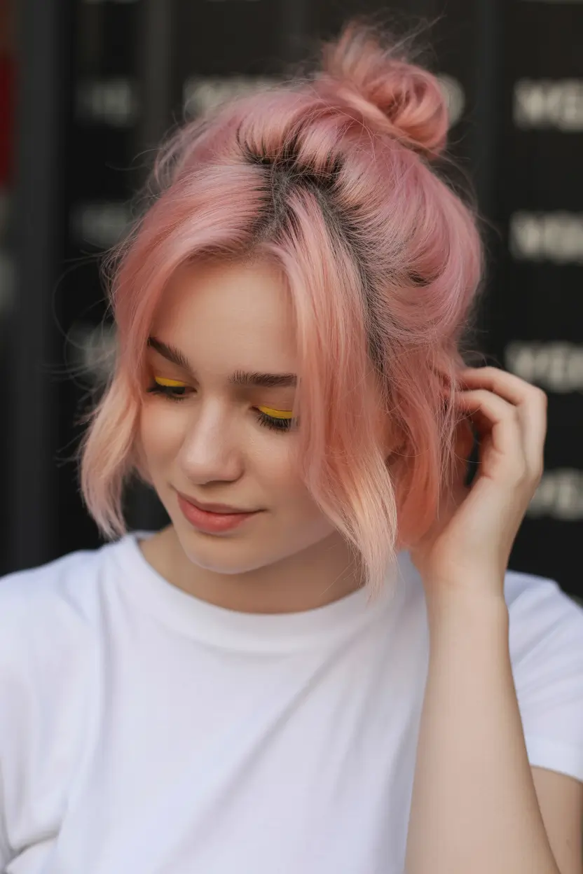 spring hairstyle for medium length hair 2026 Soft Pink Messy Bun With Face-Framing Layers
