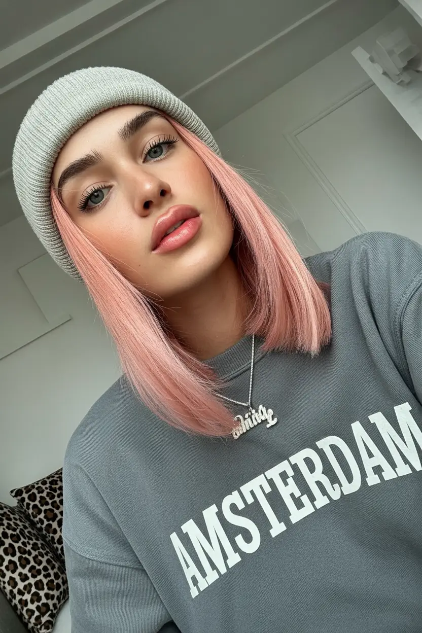 spring hairstyle for medium length hair 2026 Sleek Blush Bob With Beanie Chic Vibes