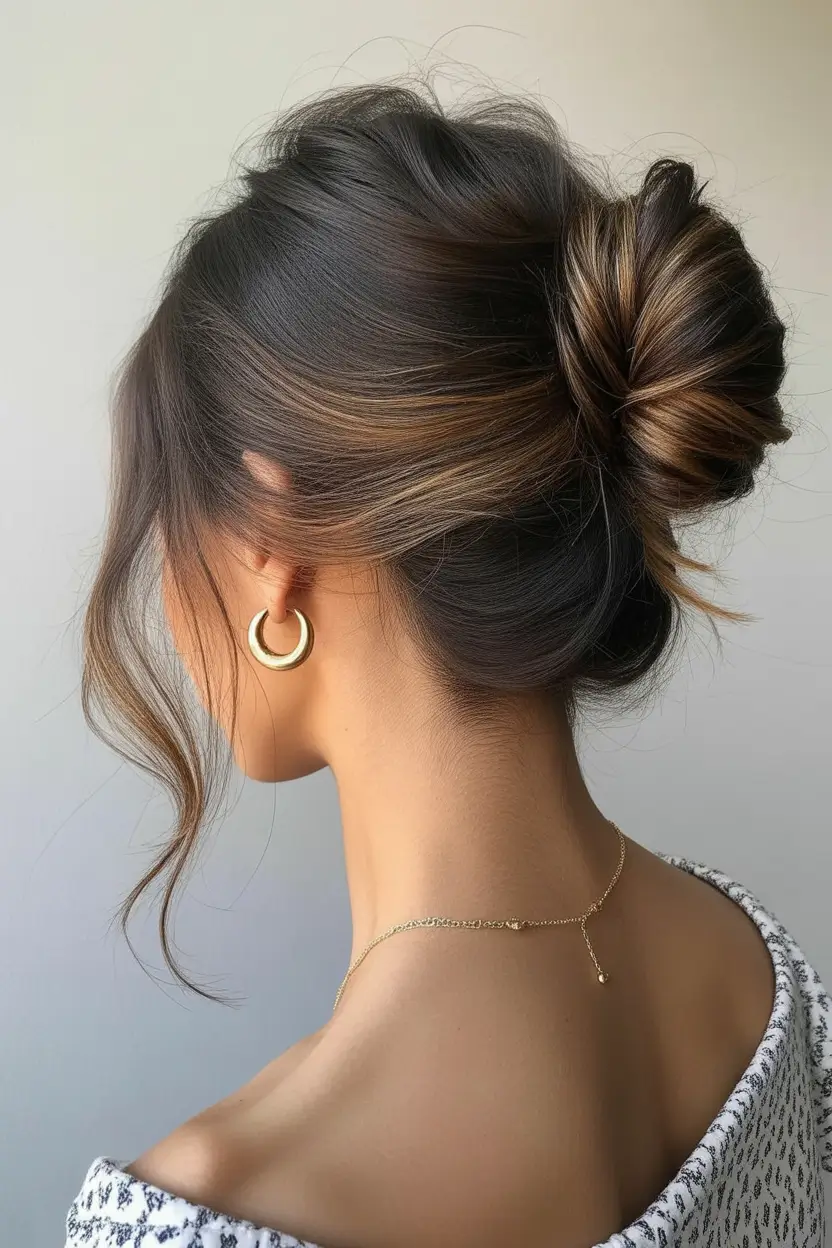 spring hairstyle for medium length hair 2026 Romantic Low Bun With Dimensional Brunette Highlights