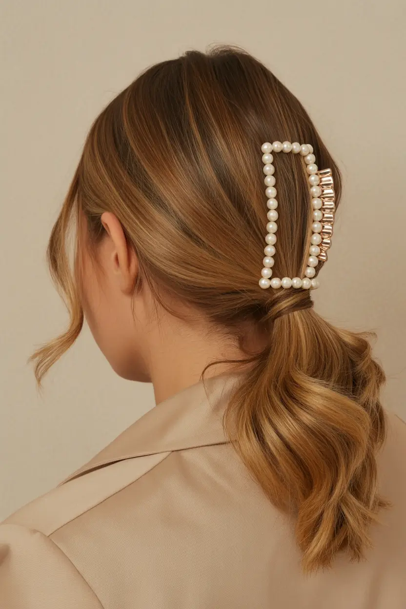 spring hairstyle for medium length hair 2026 Pearl-Accented Low Ponytail With Soft Caramel Tones