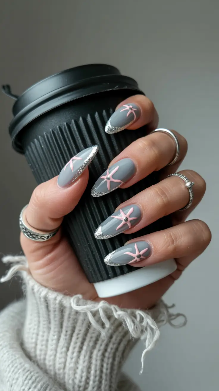 cute spring nail art 2026 Soft Gray Almond with Pink Starflower Accents
