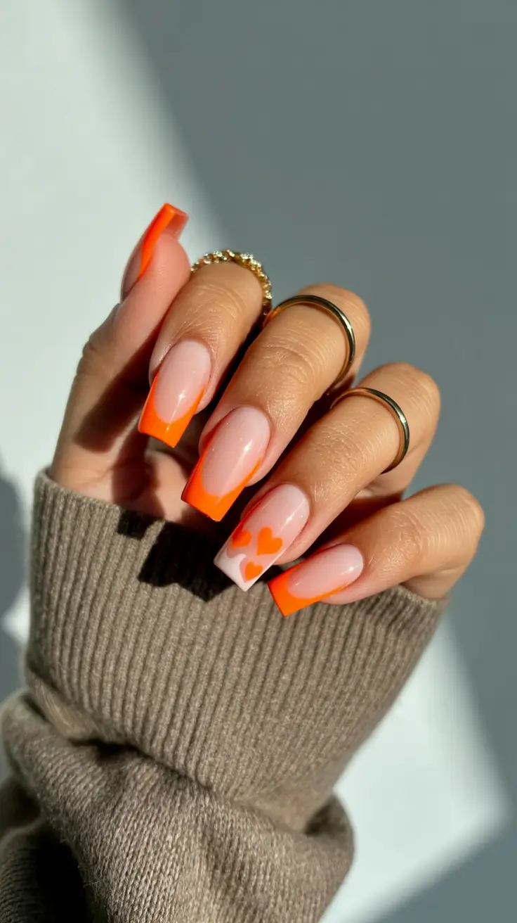 cute spring nail art 2026 Neon Orange French with Heart Detail