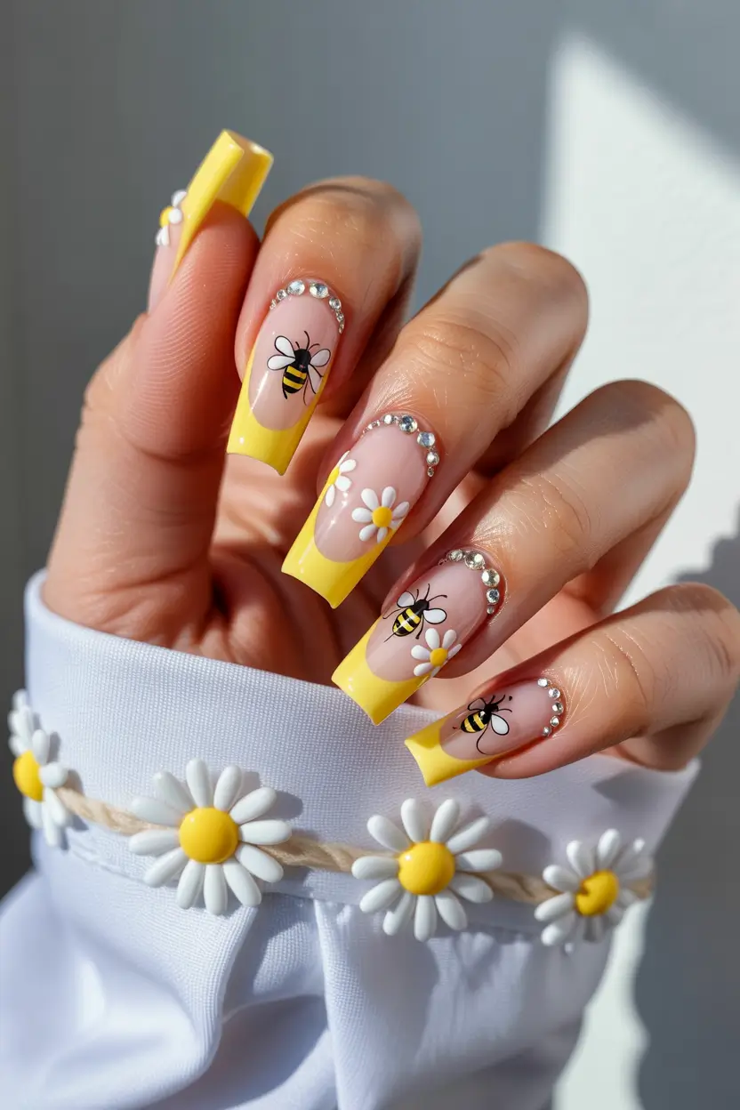 cute spring nail art 2026 Yellow French with Bees and Rhinestone Detail