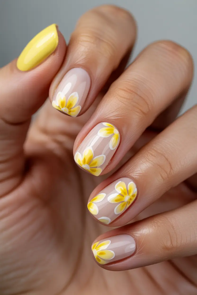 cute spring nail art 2026 Soft Nude with Yellow Floral Accent