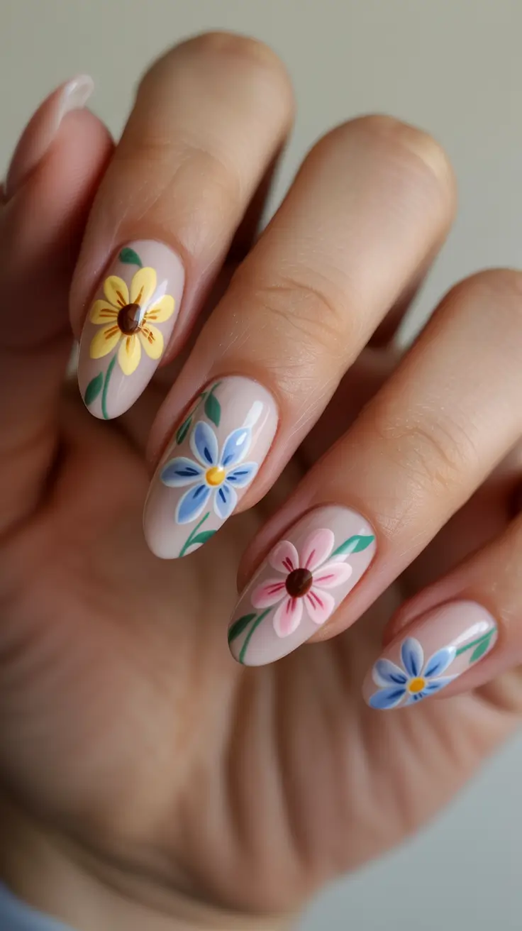 cute spring nail art 2026 Pastel Garden Floral Mix